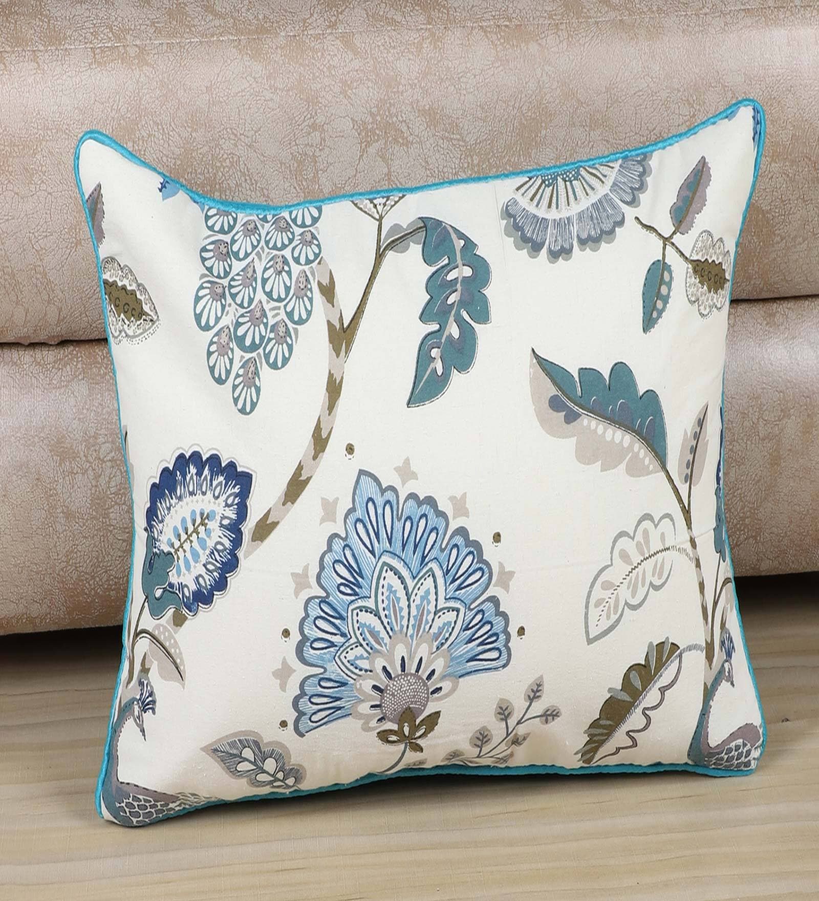 Blue Floral 12 X 12 Inches Cushion Cover (1 Pc)