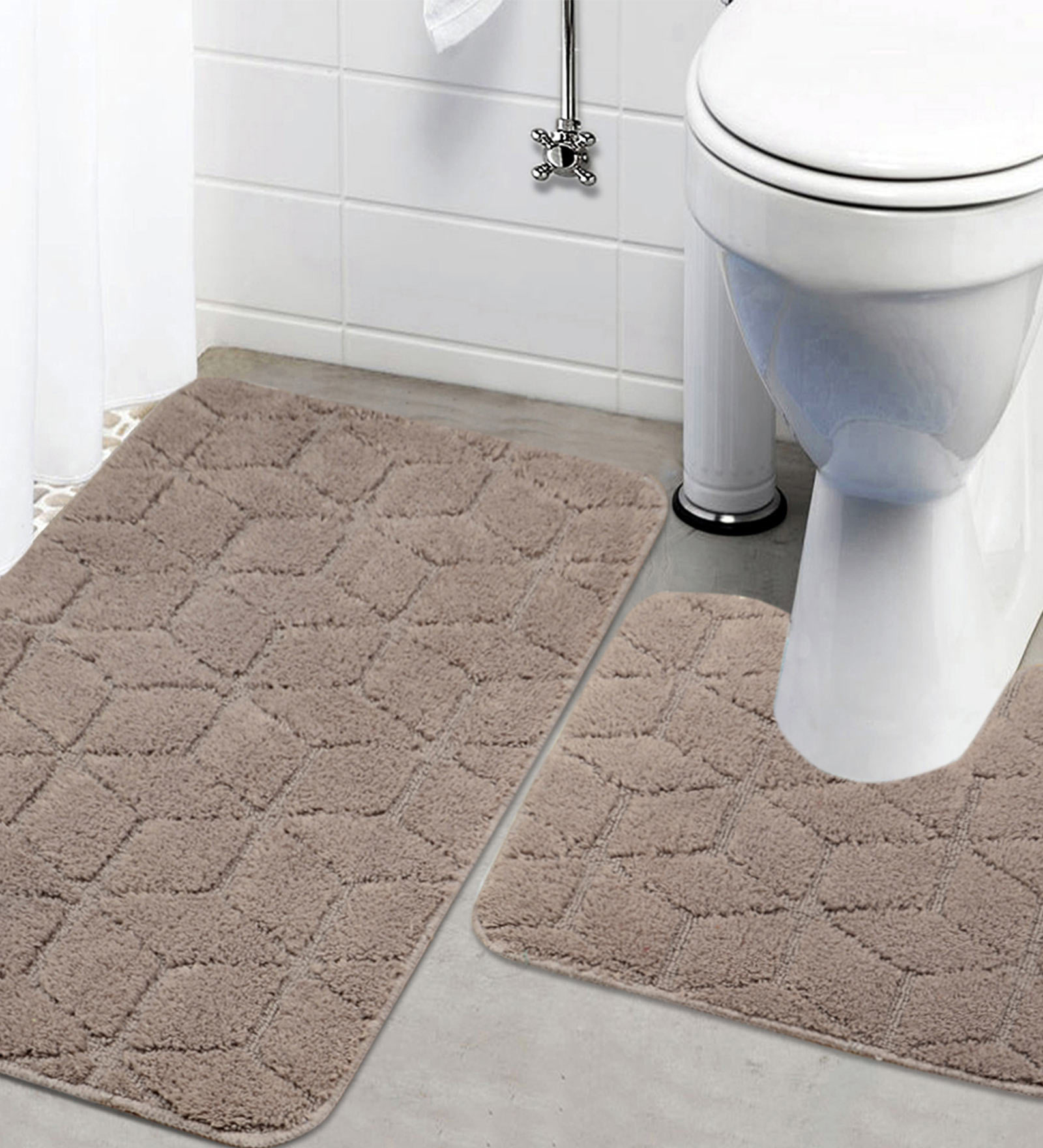 Beige Geometric Cotton 32x20 Inches AntiSkid Bath Mats (Set of 2)