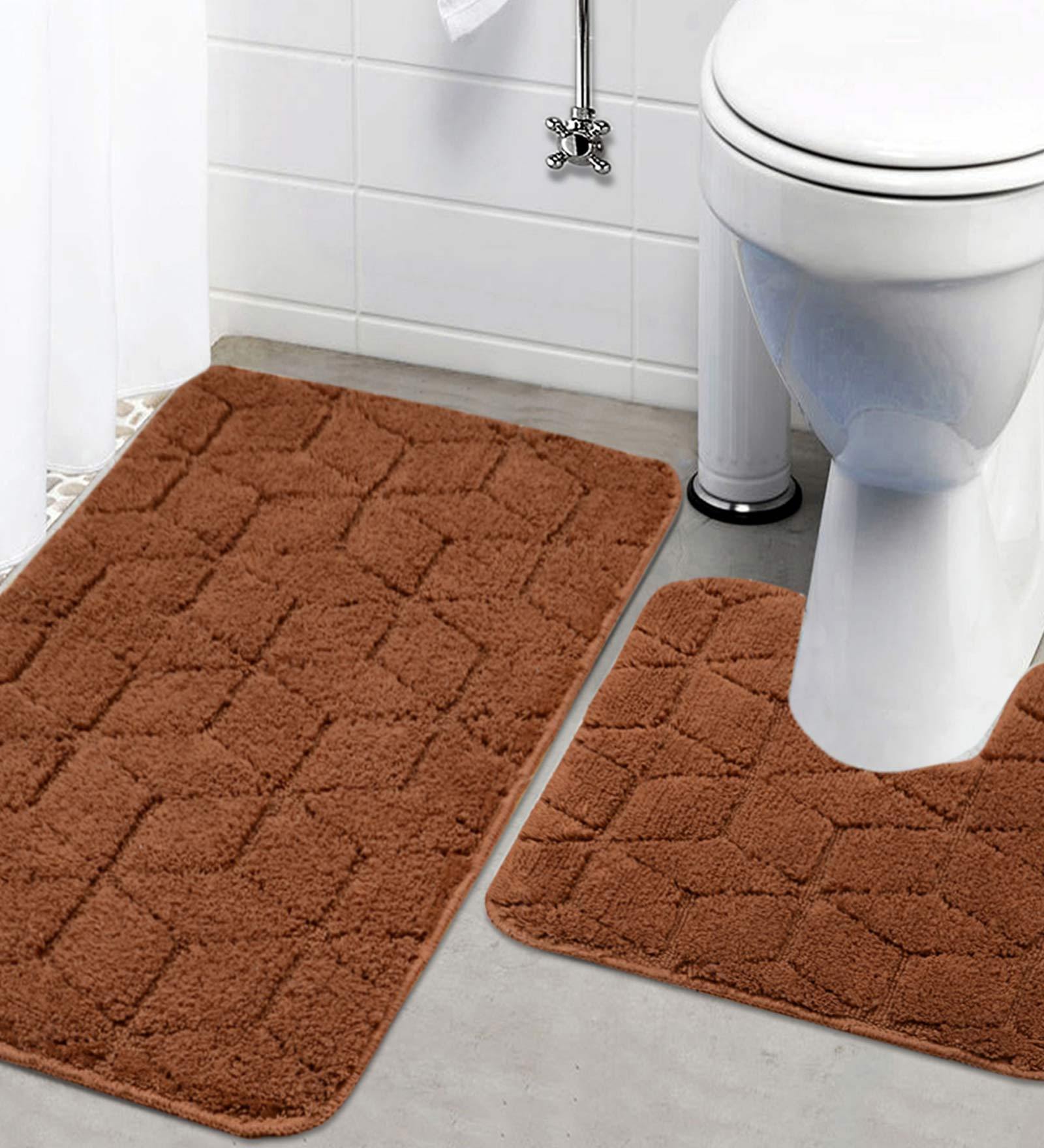 Brown Geometric Cotton 32x20 Inches AntiSkid Bath Mat (Set of 2)