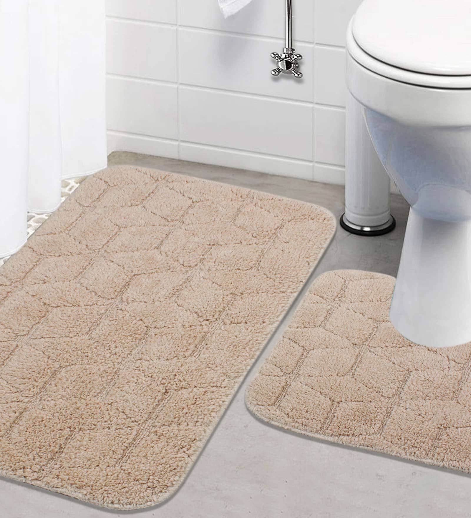 Buy Beige Geometric Cotton 32x20 Inches AntiSkid Bath Mats (Set of 2 ...