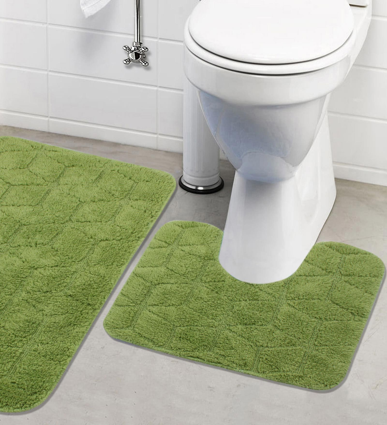 Green Geometric Cotton 32x20 Inches AntiSkid Bath Mat (Set of 2)