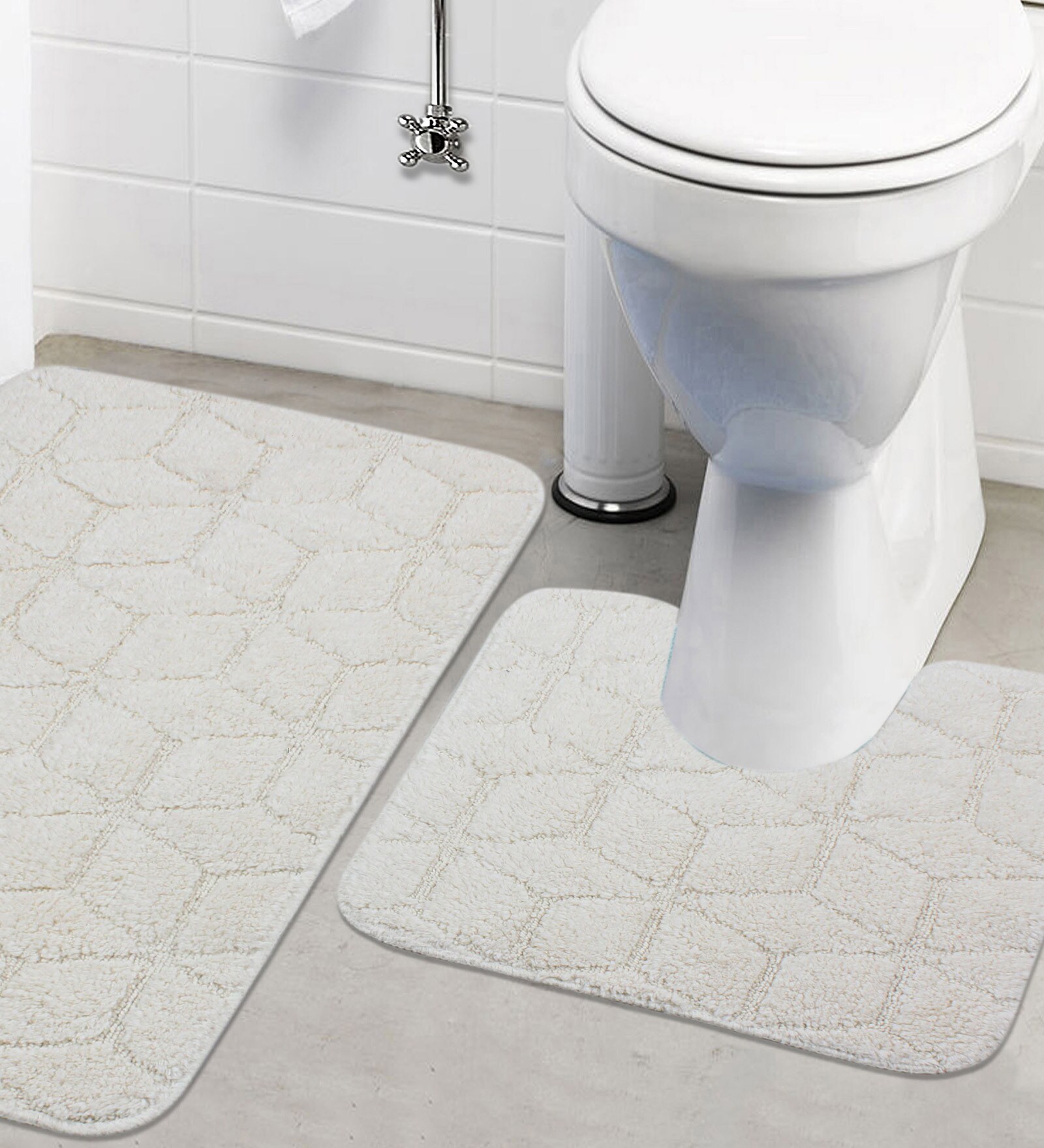 White Abstract Cotton 32x20 Inches AntiSkid Bath Mat (Set of 2)