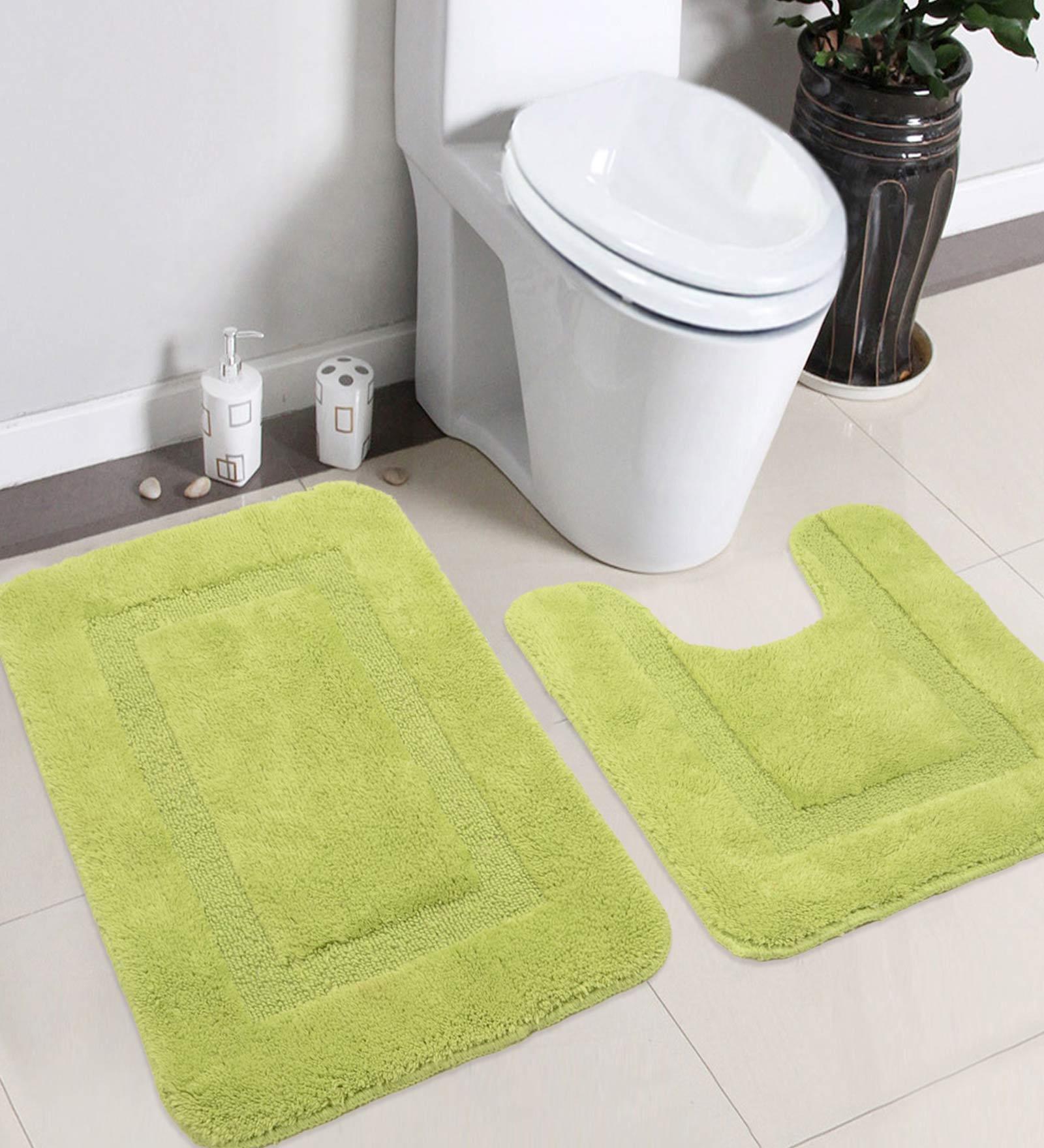 Green Cotton Plain Solid 24X18 Inches Antiskid Bath Mat (Set of 2)