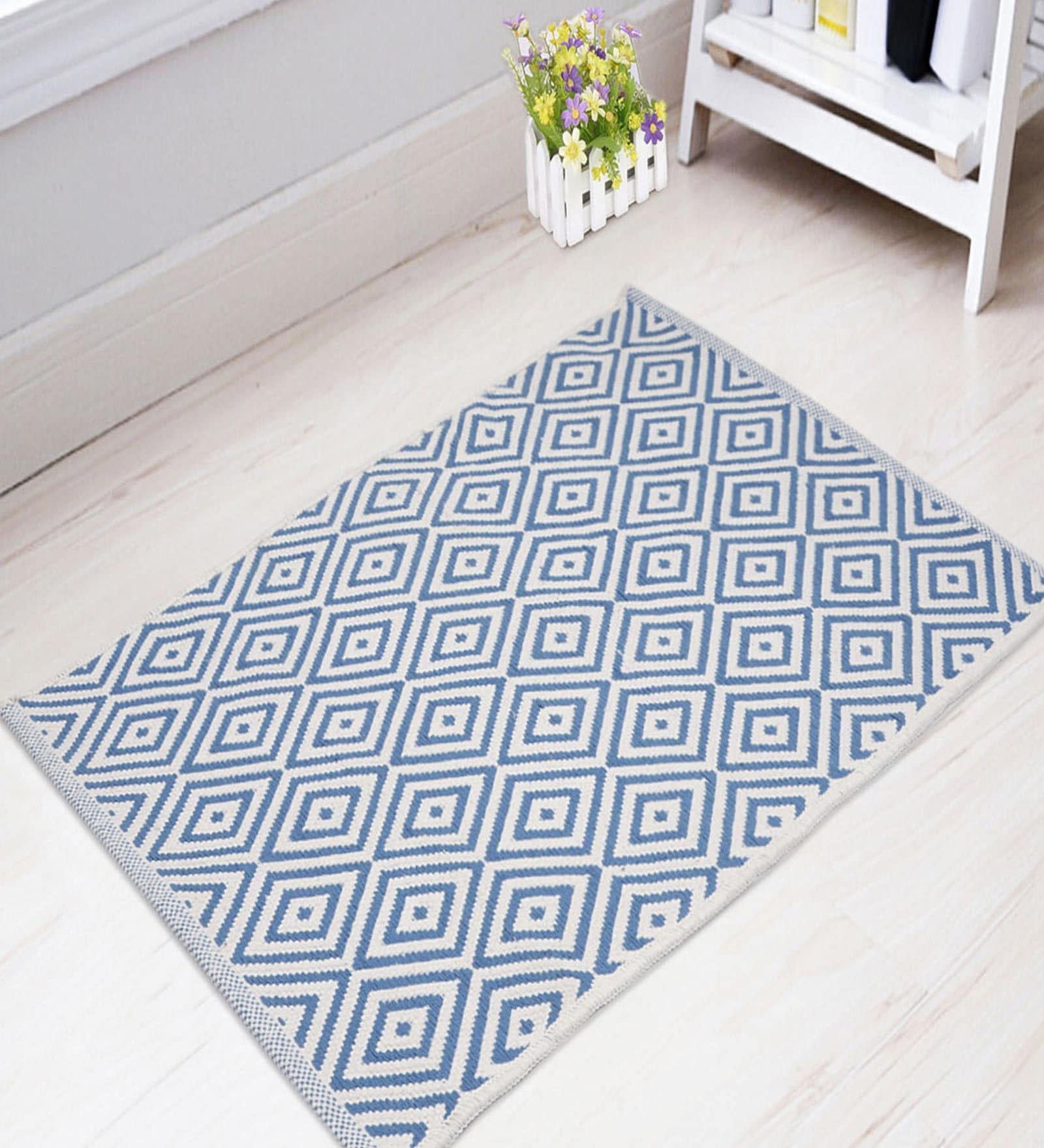 Blue Cotton Machine Made 2 X 3 Feet Dhurrie