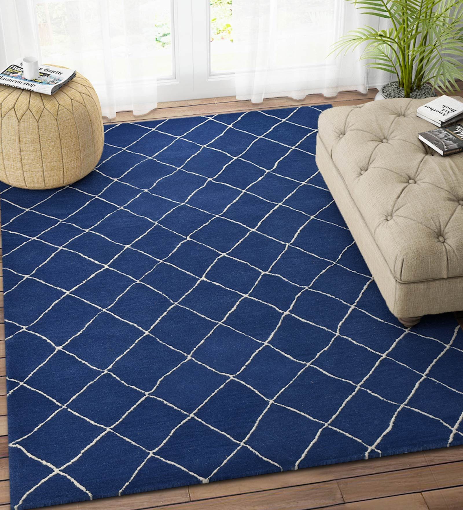 Blue Geometric Wool 4 ft x 6 ft Hand Tufted Carpet