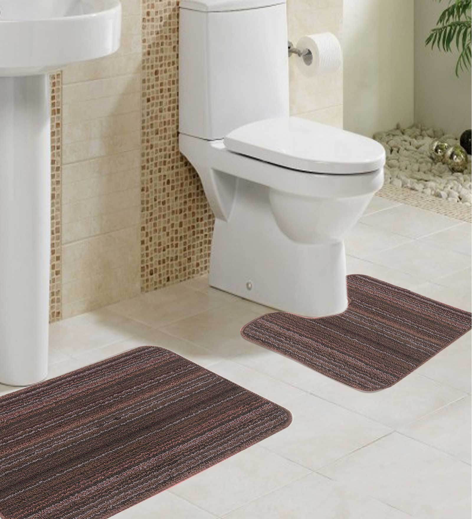 Brown Microfibre Plain Stripe 24X16 Inches Max Absorbent Bath Mat (Set of 2)