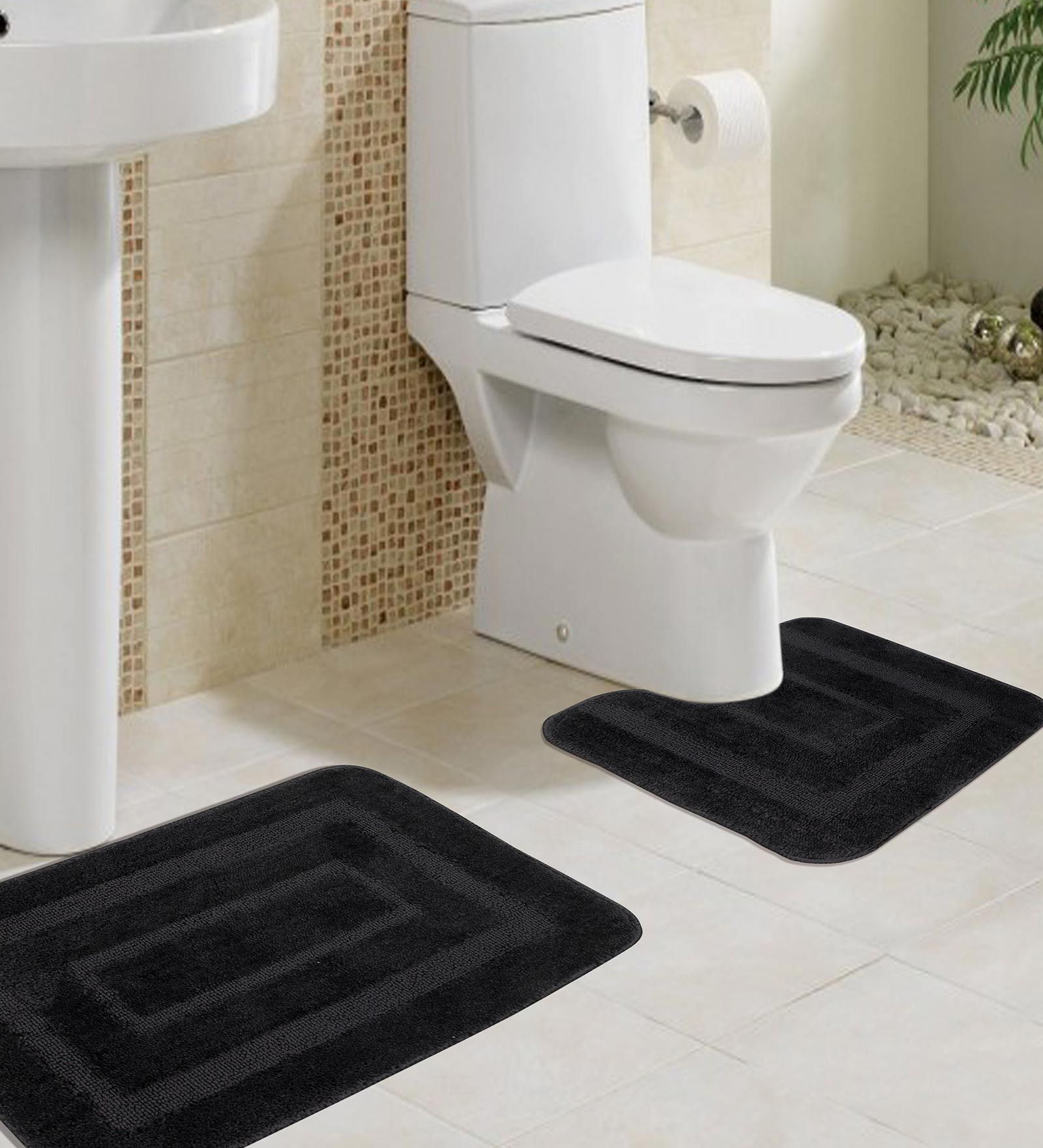 Black Geometric Microfibre 24x16 Inches AntiSkid Bath Mat (Set of 2)