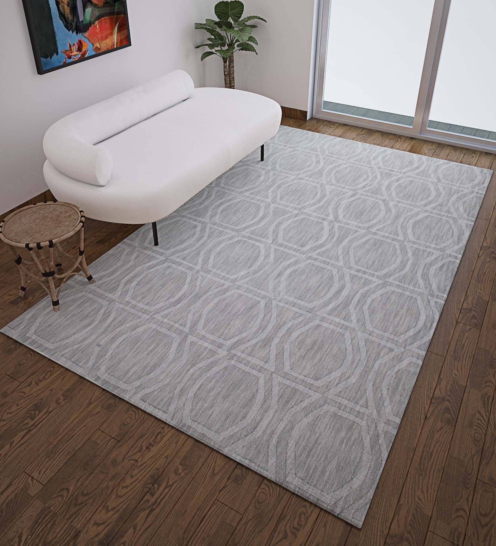 Grey Wool Geometrical 5  x 8  Feet Hand Woven Carpet