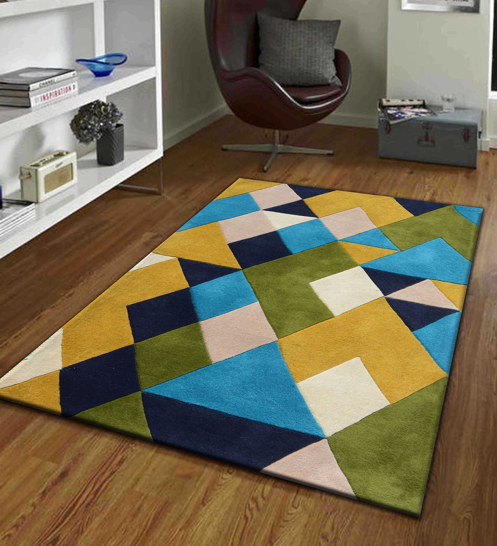 Multicolor Geometric Wool 4 ft x 6 ft Hand Tufted Carpet
