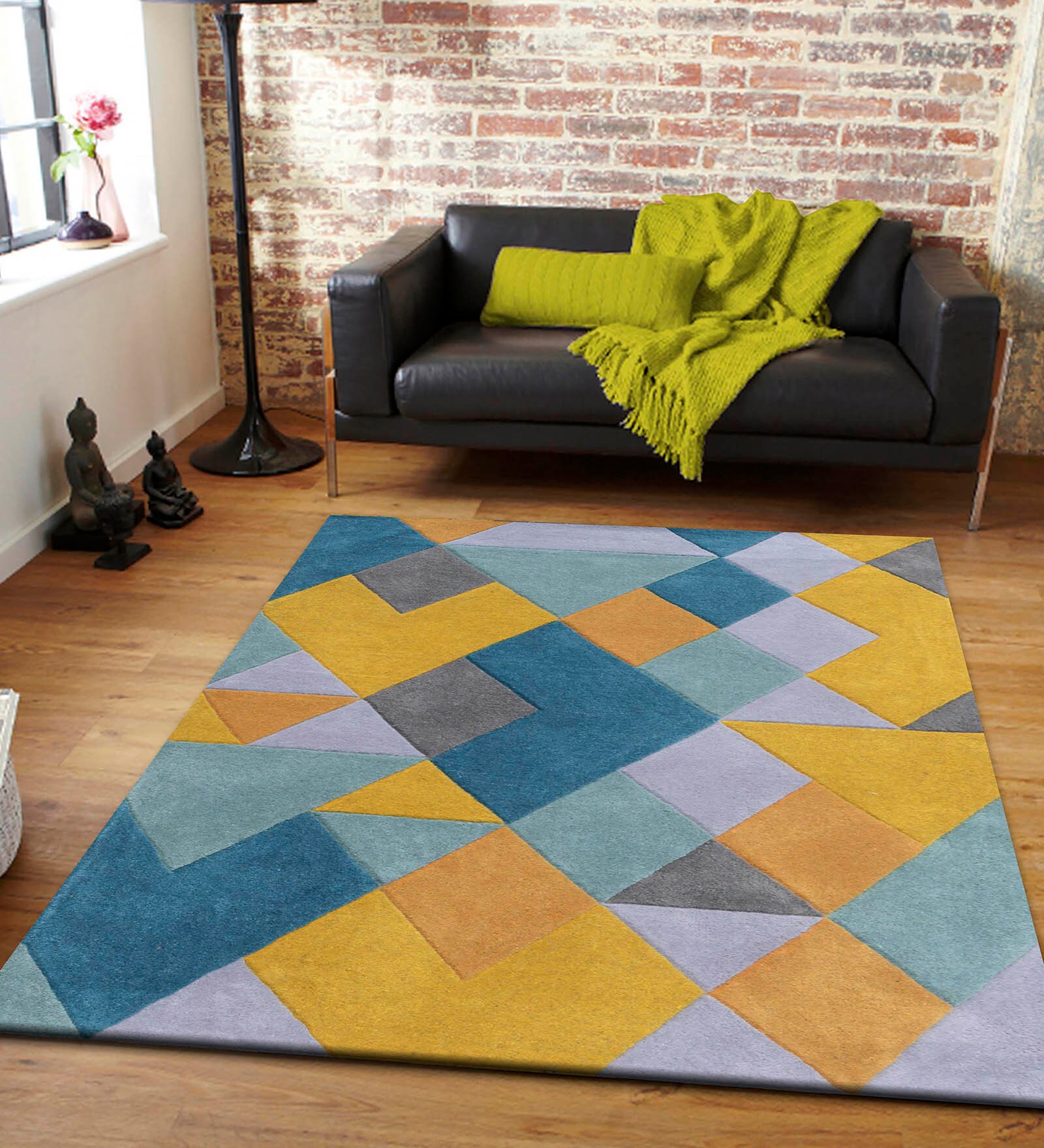 Blue Geometric Wool 4 ft x 6 ft Hand Tufted Carpet