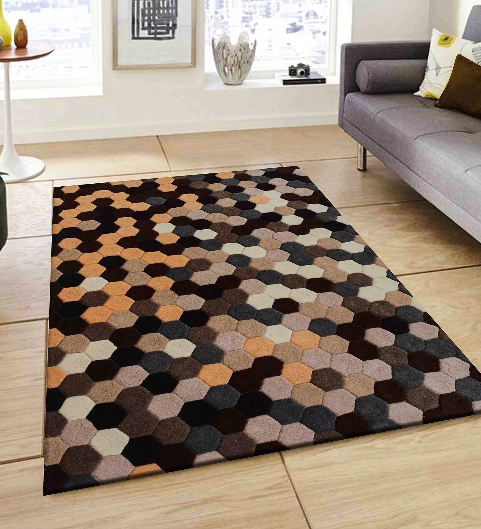 Brown Geometric Wool 4 ft x 6 ft Hand Tufted Carpet