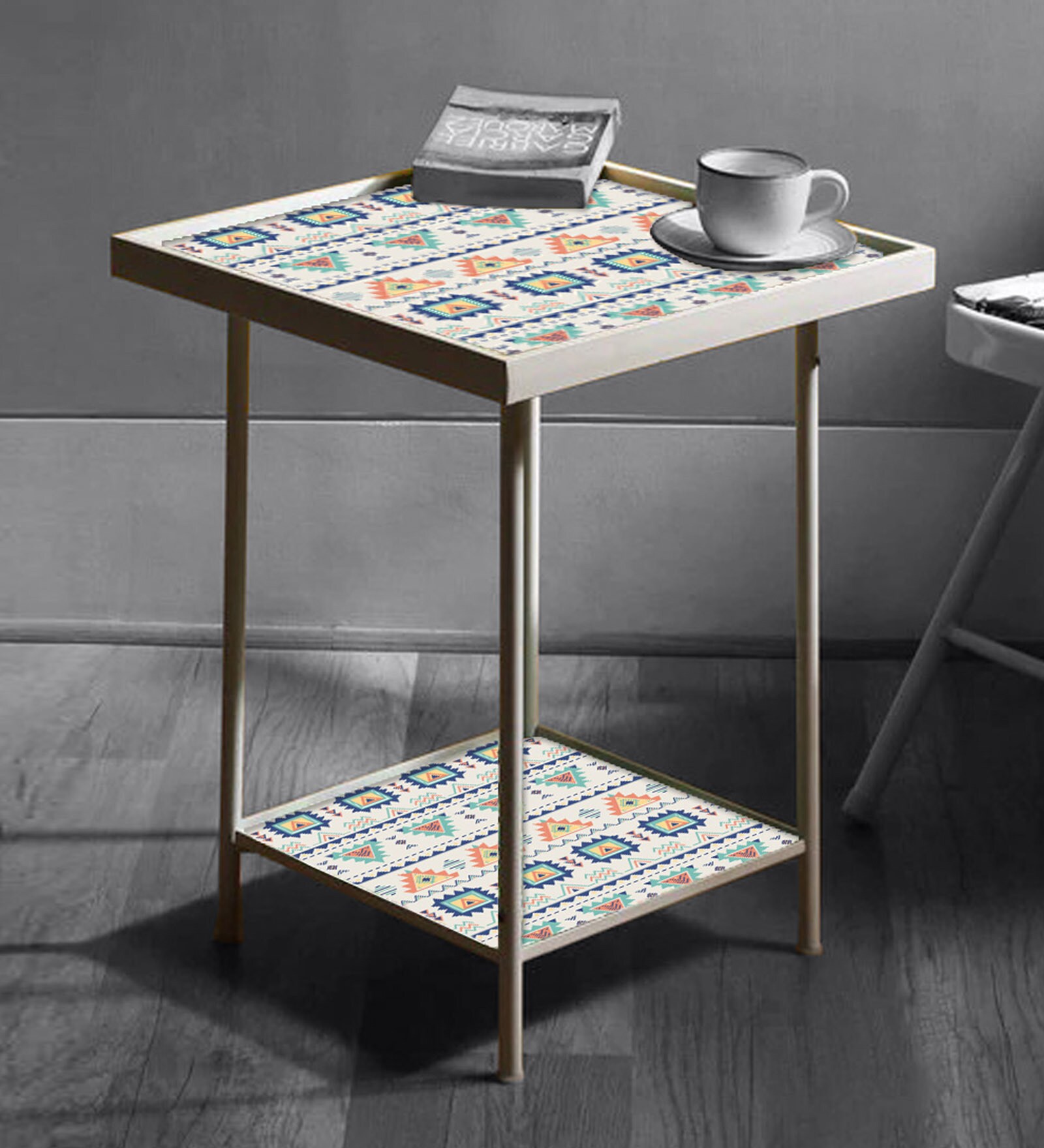 Geometric Print End Table in White Colour