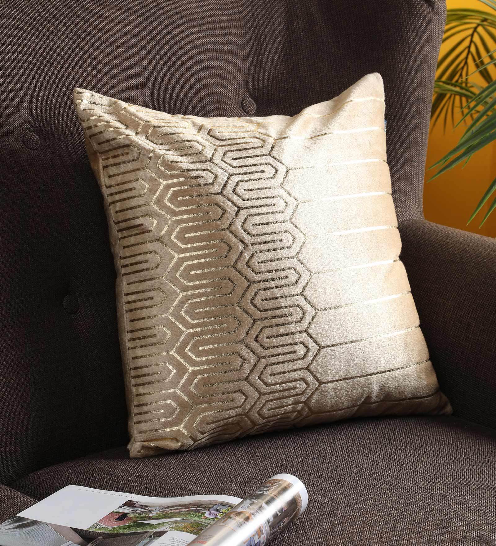 Beige Abstract Velvet 16 x 16 Inches Cushion Cover
