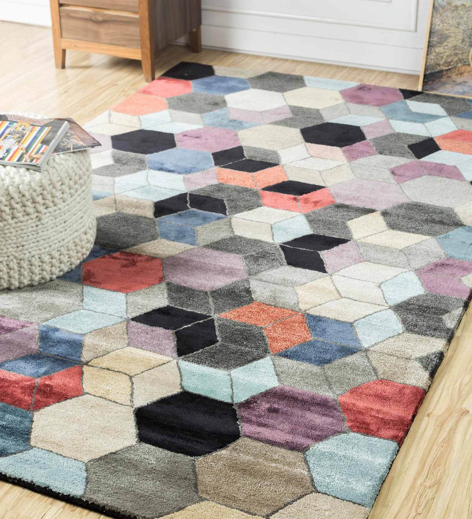 Multicolor Wool And Viscose Geometrical 5  x 8  Feet Hand Tufted Carpet