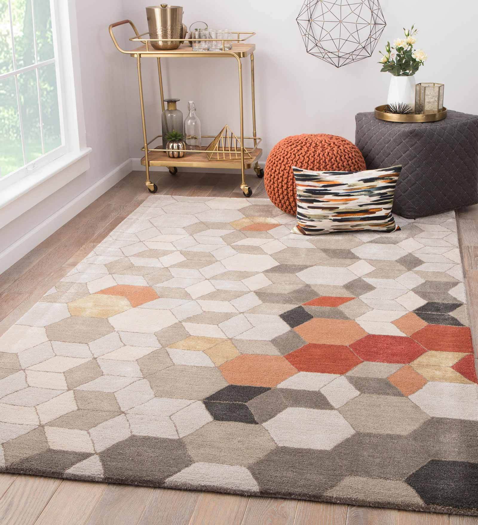 Grey Geometric Wool And Viscose 8 ft x 10 ft Hand Tufted Carpet