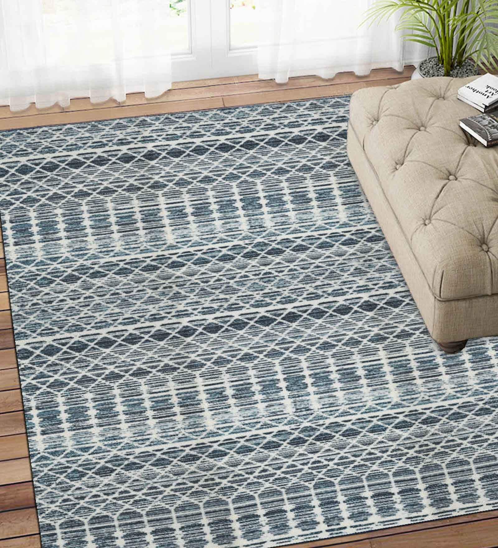 Blue and Grey Geometric Polyester 3 ft x 5 ft Machine Made Carpet