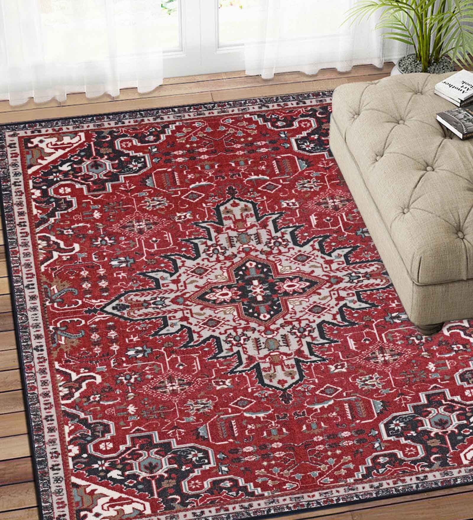 Red Persian Polyester 4 ft x 6 ft Machine Made Carpet