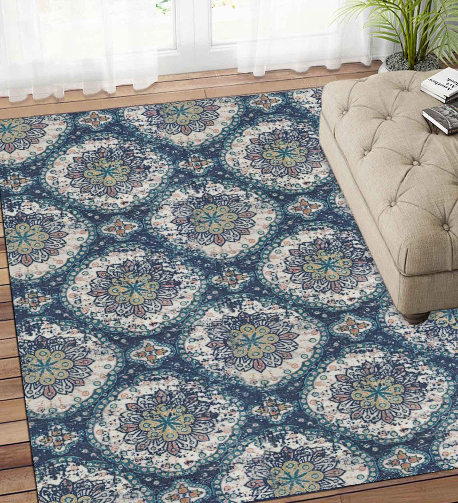 Blue Persian Polyester 5 ft x 7 ft Machine Made Carpet