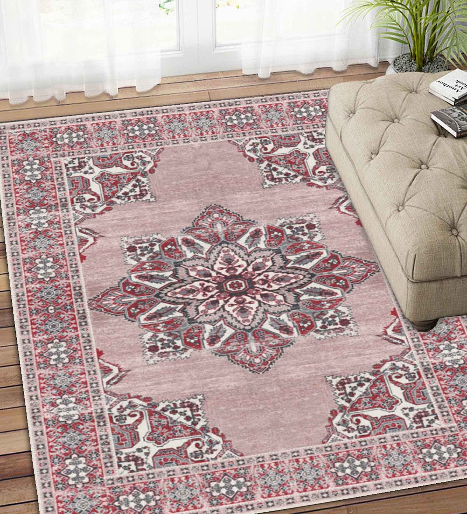 Red Persian Polyester 5 ft x 7 ft Machine Made Carpet