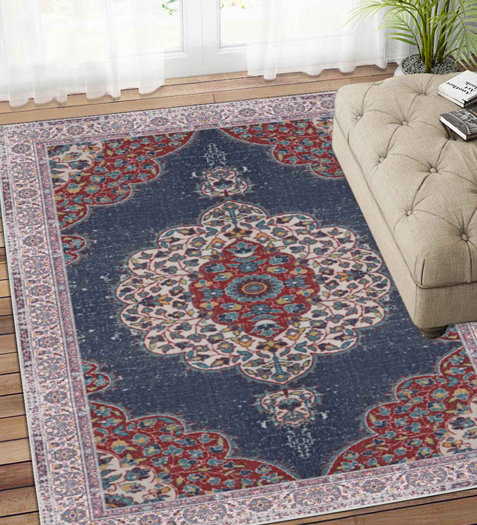 Blue Persian Polyester 5 ft x 7 ft Machine Made Carpet
