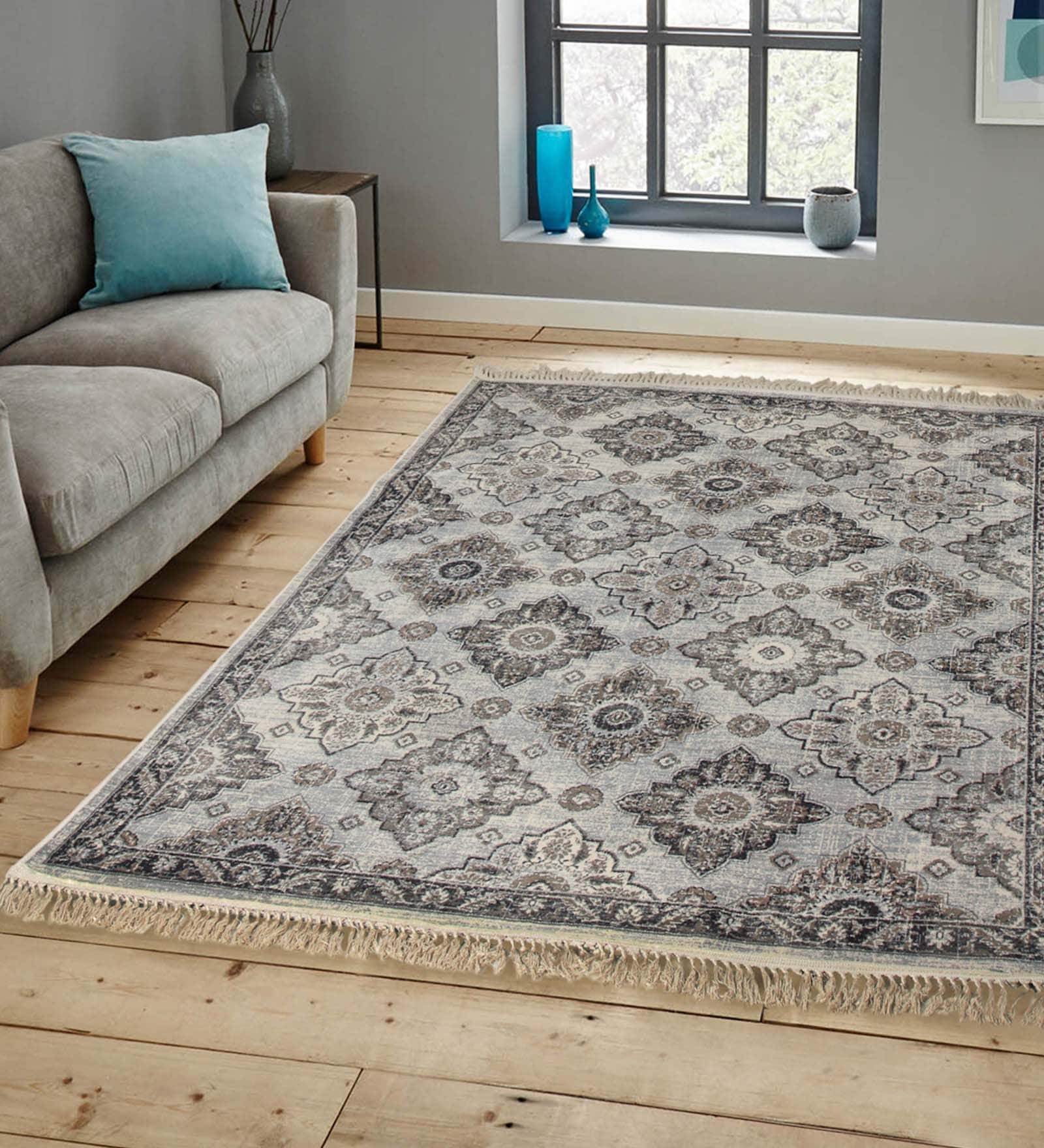 Grey Persian Viscose 4 ft x 6 ft Machine Made Carpet