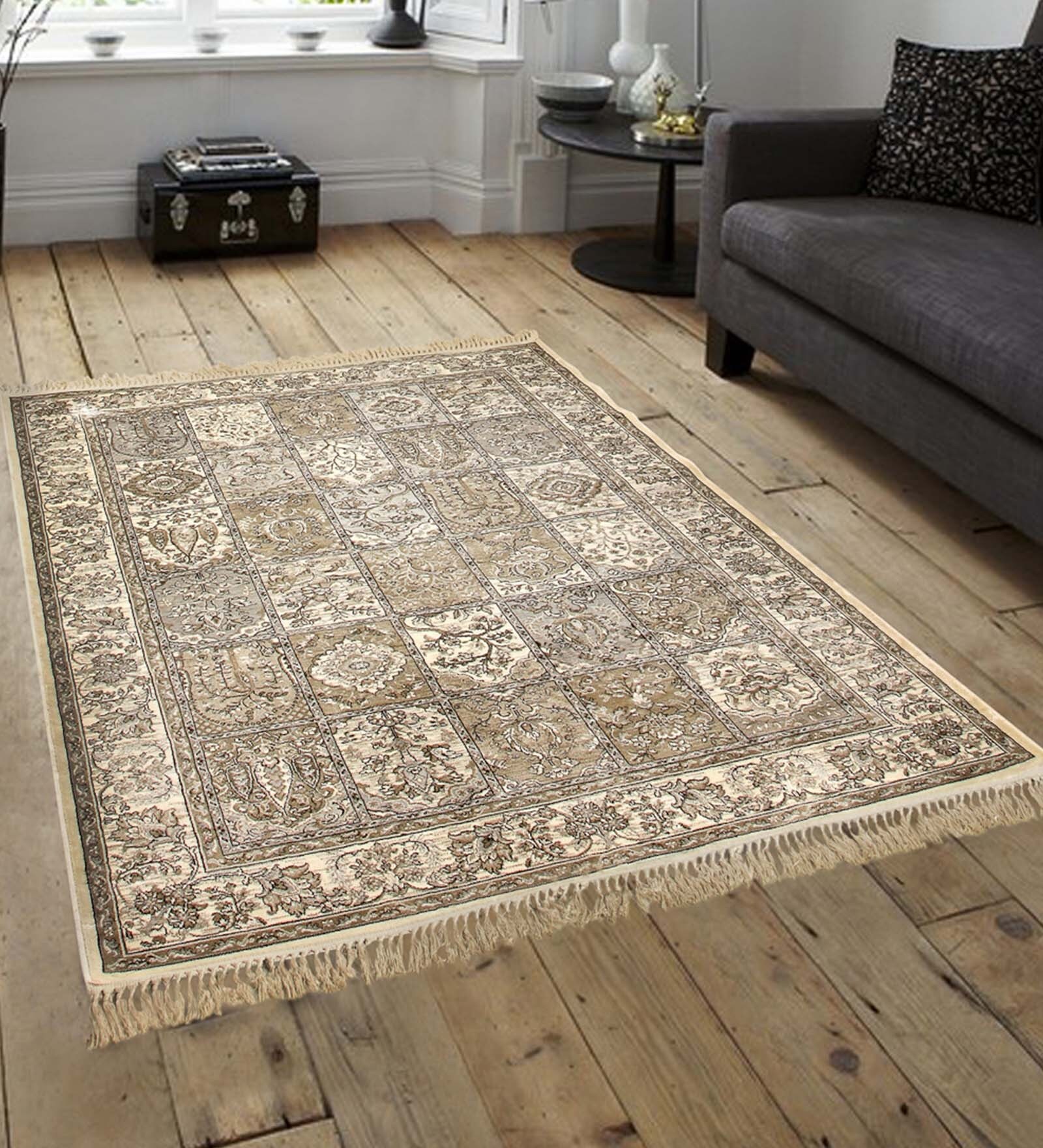 Beige Persian Viscose 5 ft x 7 ft Machine Made Carpet