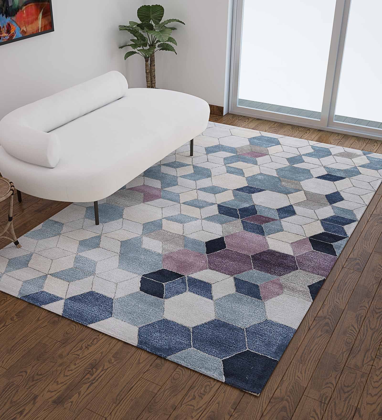 Blue Wool And Viscose Geometrical 5 x 8 Feet Hand Tufted Carpet