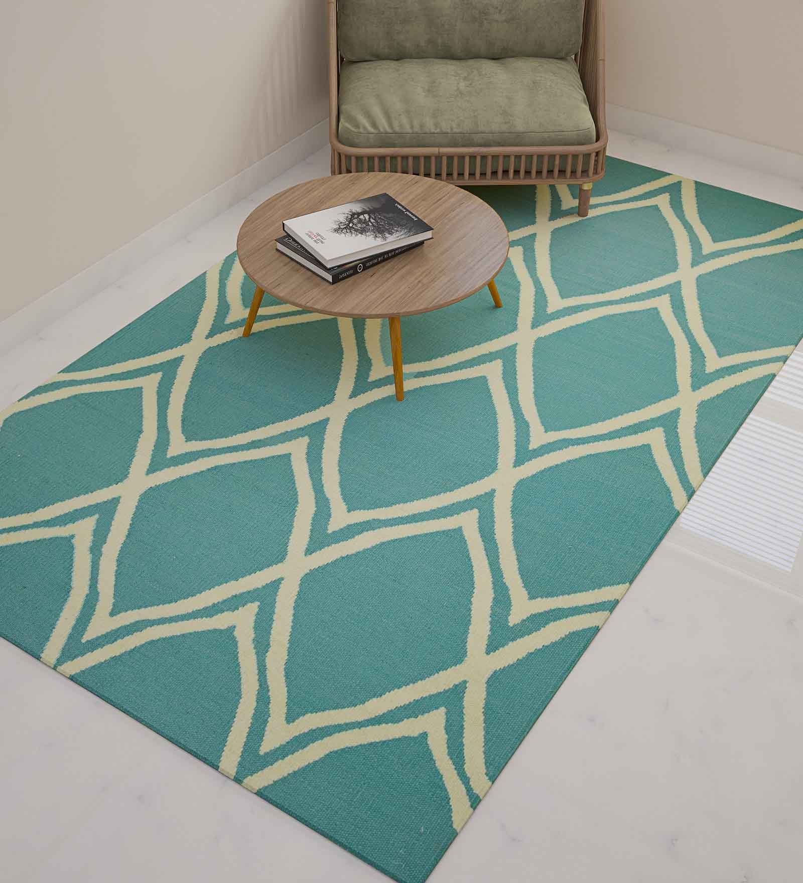Blue Wool Geometrical 5  x 8  Feet Hand Woven Carpet