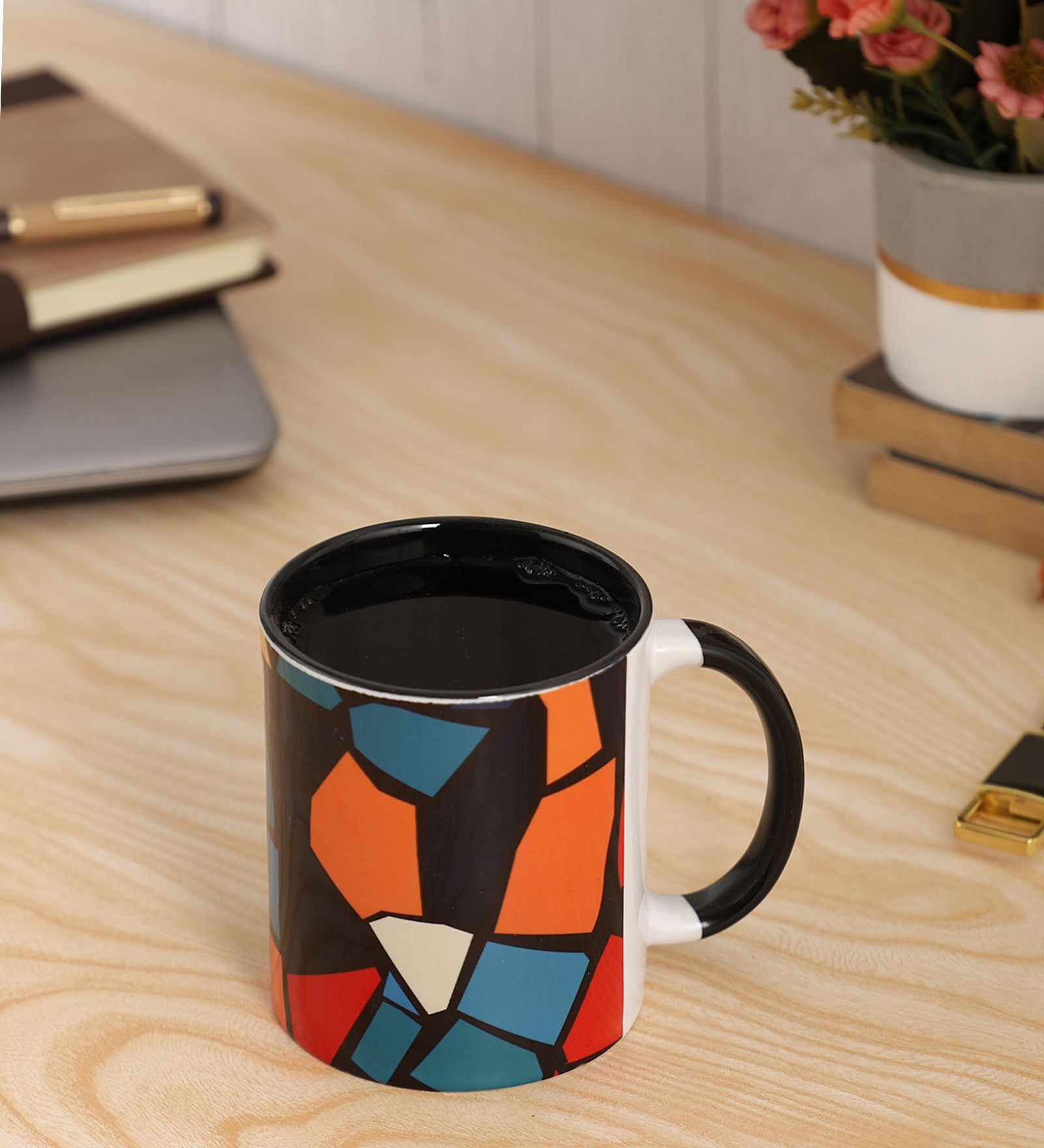 Geometrical Printed with Inside Colour Black Coffee Mug 320ml