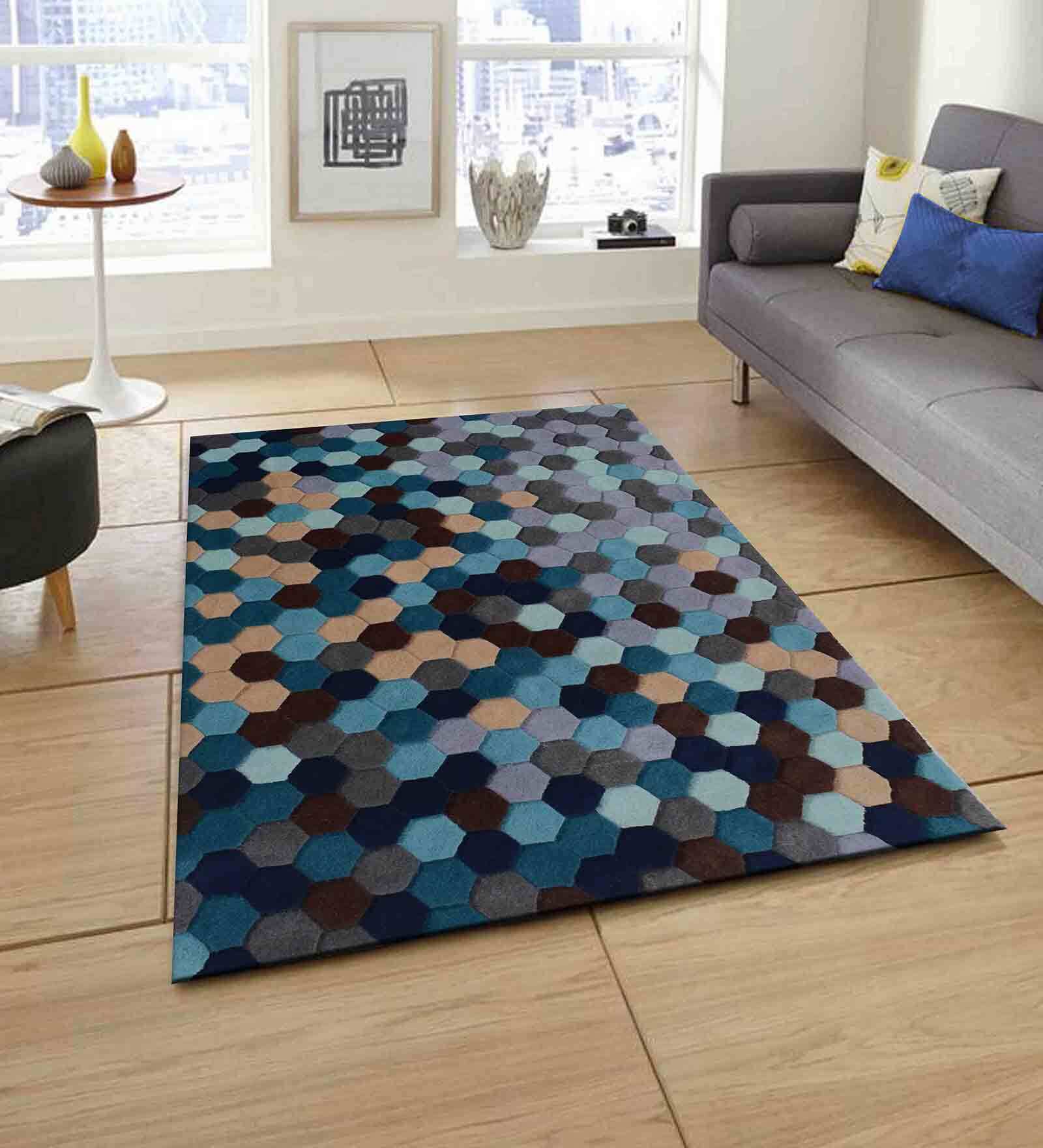 Blue Geometric Wool 4 ft x 6 ft Hand Tufted Carpet