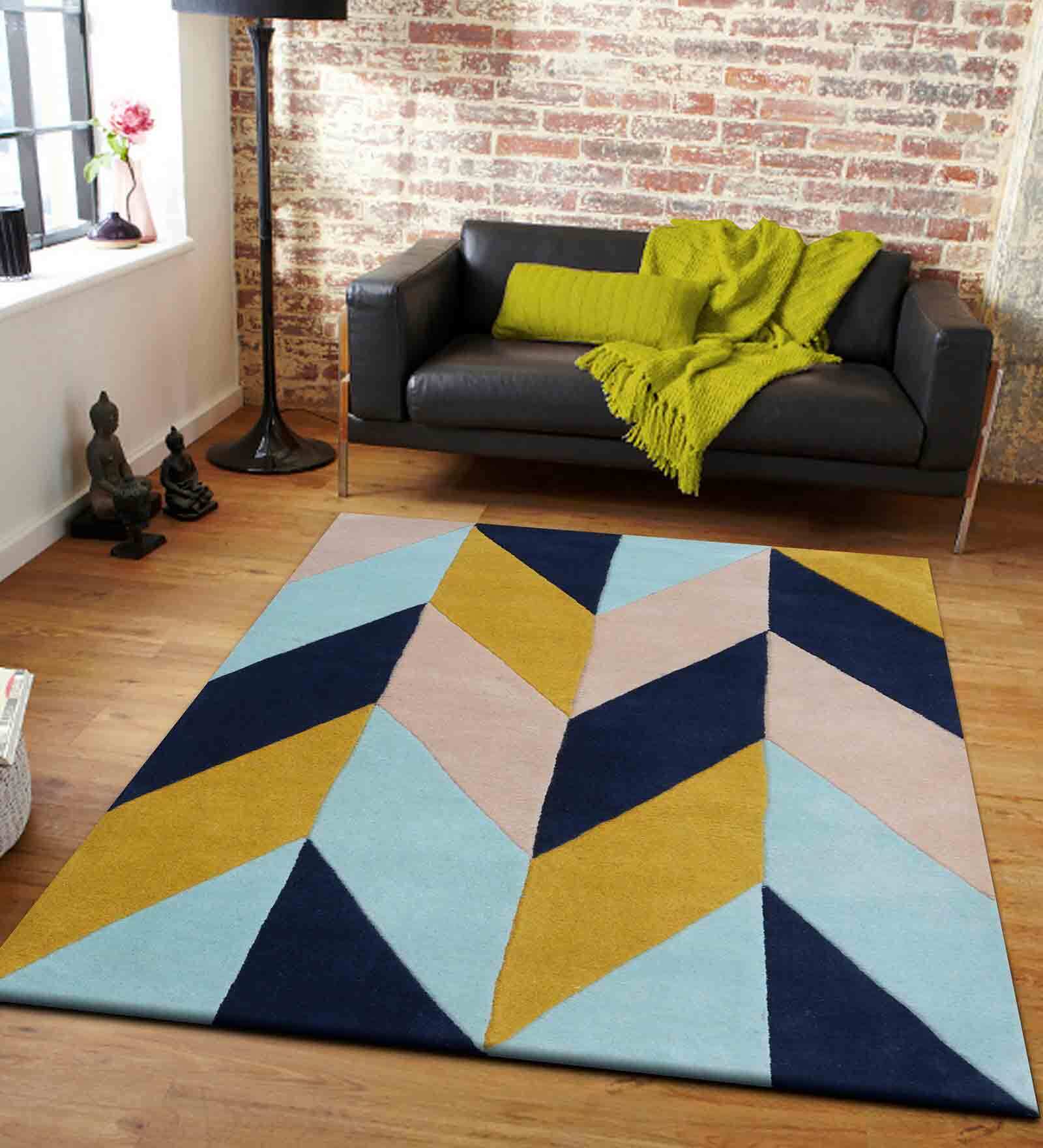 Buy Blue Geometric Wool 4 ft x 6 ft Hand Tufted Carpet by PRESTO at 31