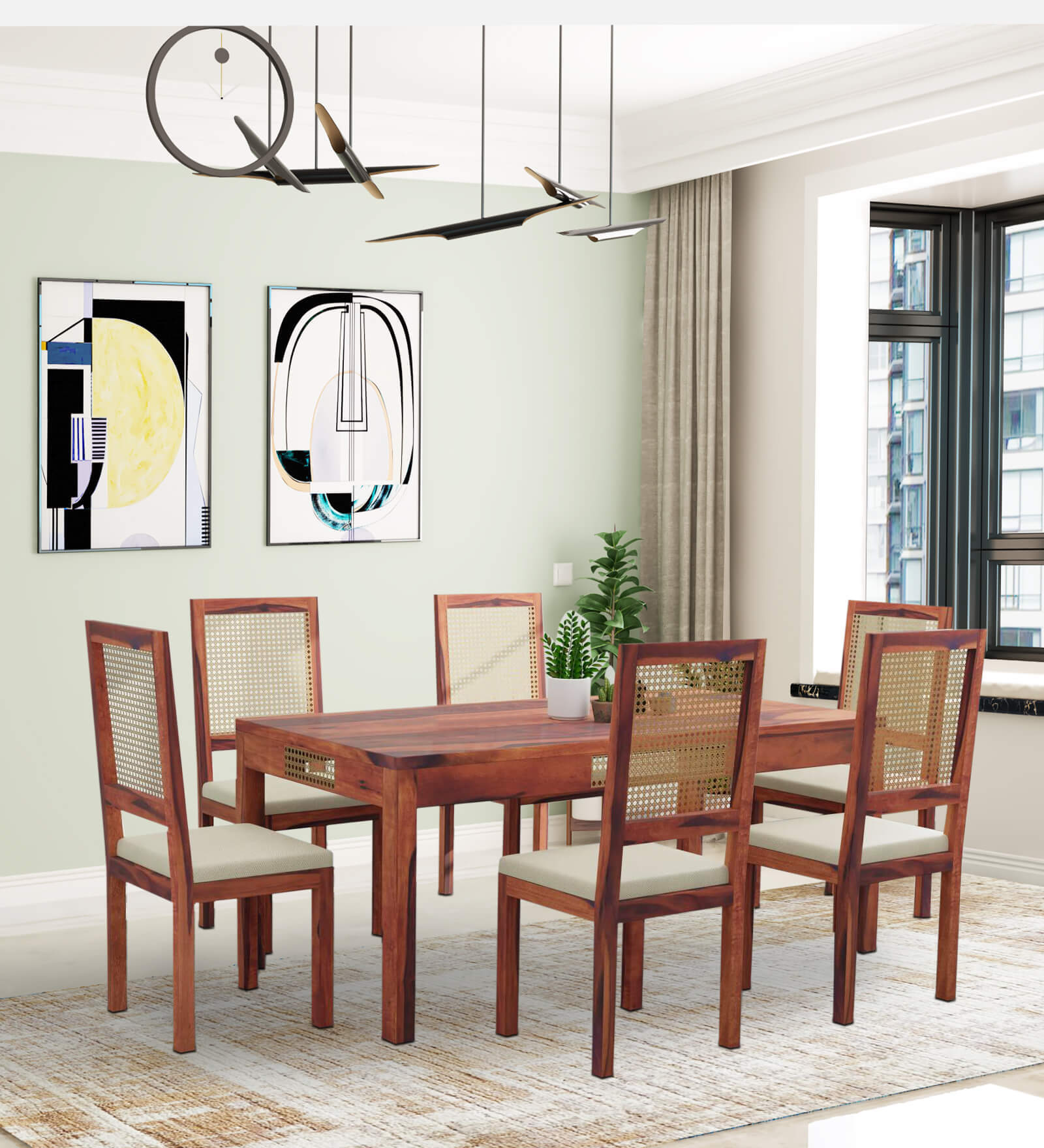 George Solid Wood 6 Seater Dining Set In Teak Finish