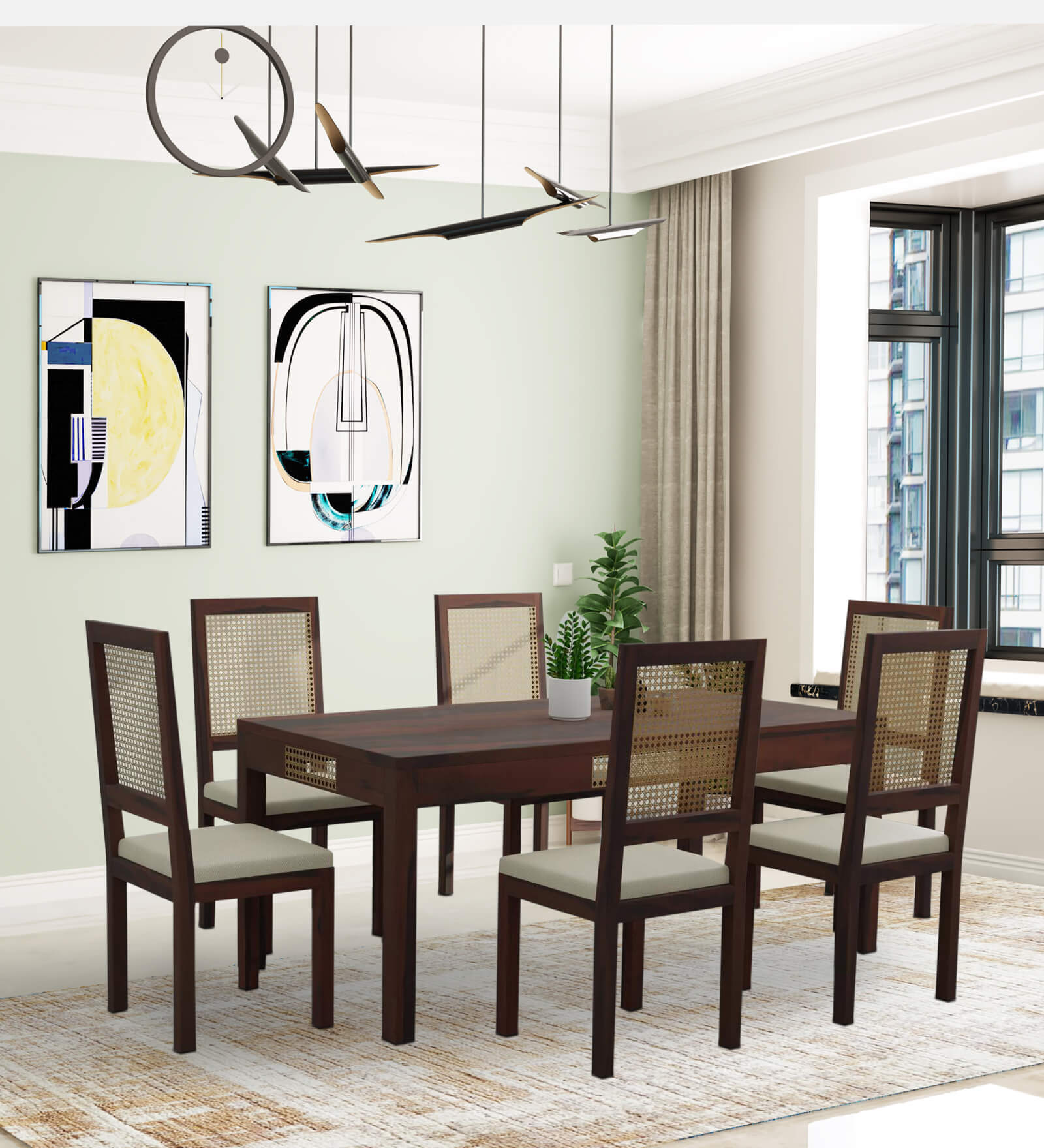 George Solid Wood 6 Seater Dining Set In Walnut Finish