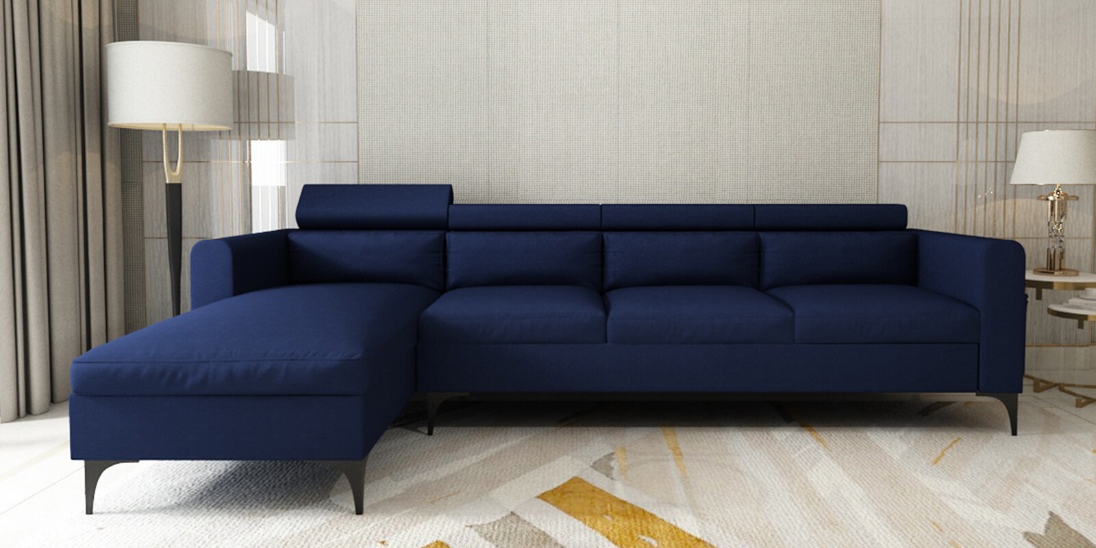 Gemini Fabric RHS 5 Seater Sectional Sofa with Adjustable Headrest in Blue Colour