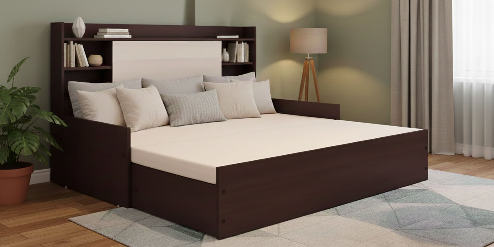 Gems Queen Sized Pull-Out Sofa Cum Bed With Storage in Wenge Finish