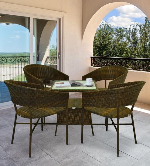 Geelong Wicker Table And Chair Set ( With 4 Chairs ) In Brown Finish