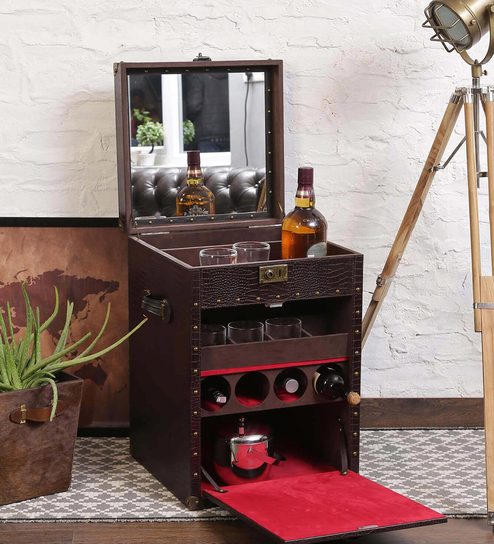 Buy Gentleman S Leather Whisky Bar Cabinet In Dark Brown Colour By