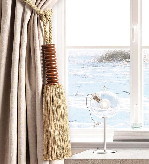 Geo Bead Pandent Curtain Tessel Tieback in Beige Color (Set of 2) by Deco Window