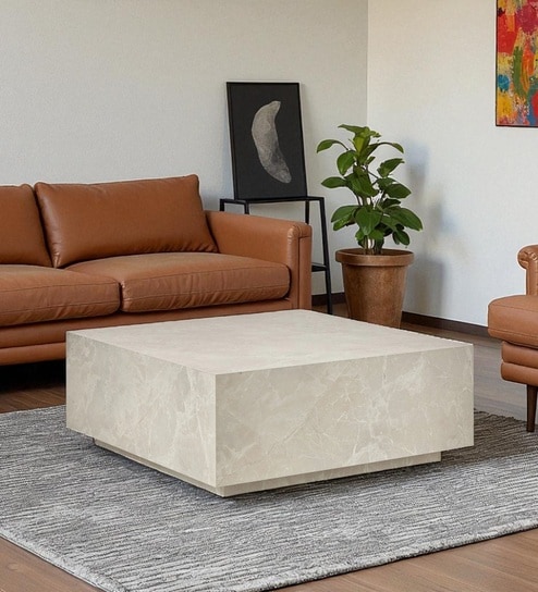 Geoblock Minimalist Grand Coffee Table with Stone-Effect Surface in Beige Colour