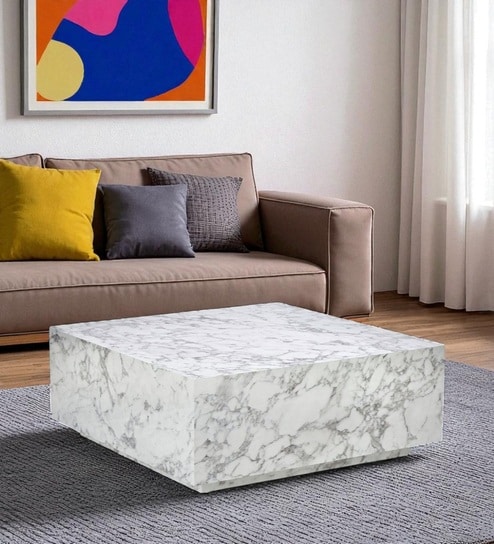 Geoblock Minimalist Grand Coffee Table with Stone-Effect Surface in White Colour