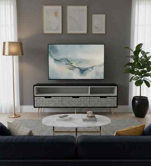 Geofloral Bone Inlay TV Console In Black Colour