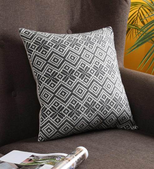 Grey Geometric Cotton Woven Jacquard 16 x 16 Inch Cushion Cover