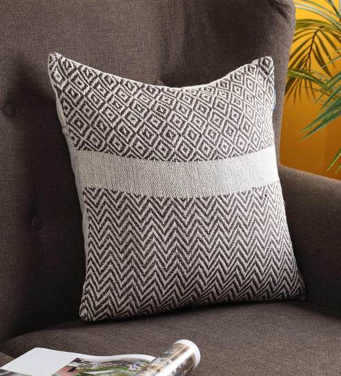 Brown Zig Zag Cotton 16 x 16 Inches Cushion Cover