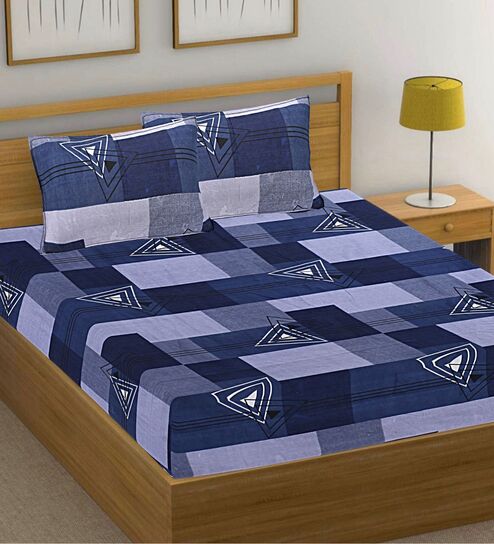 Blue Geometric Cotton Queen Double Size Bed Sheet With 2 Pillow Covers