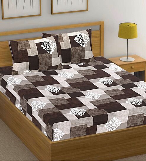 Grey Geometric Cotton Queen Double Size Bed Sheet With 2 Pillow Covers