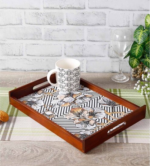 Geometric Flower Brown Teak Wood & MDF Serving Tray Reinvention factory
