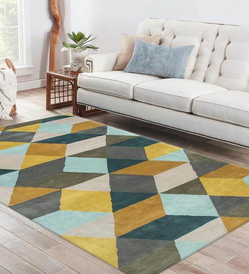 Blue Wool Geometrical 5 x 8 Feet Hand Tufted Carpet