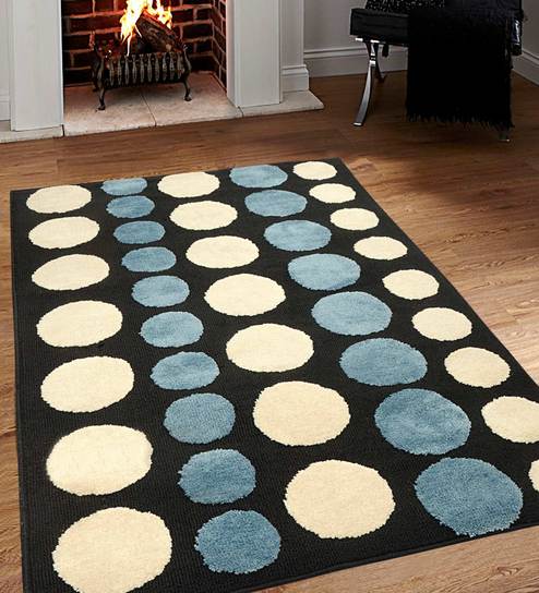 Buy Blue Geometrical Pattern Machine Made Microfibre Carpet 5 X 3