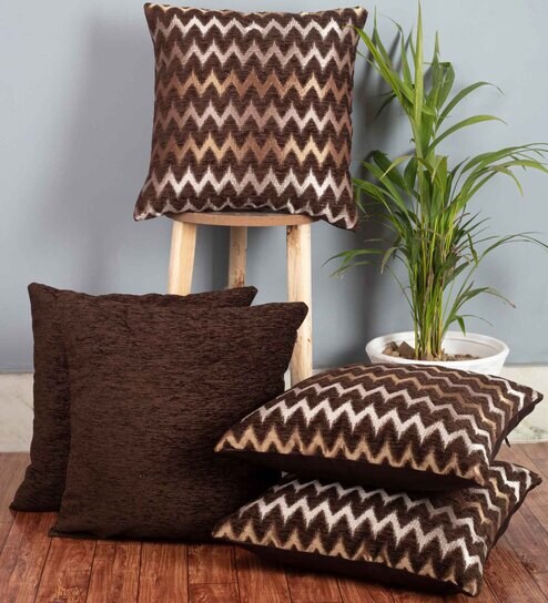 Brown Zig Zag Polyester 16 x 16 Inches Cushion Covers (Set of 5) by Cazimo