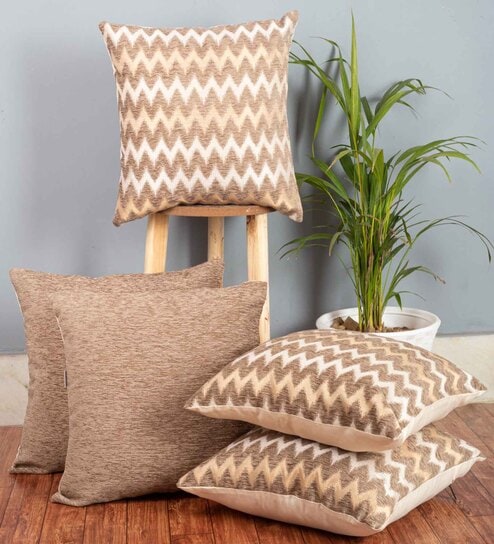 Off White Zig Zag Polyester 16 x 16 Inches Cushion Covers (Set of 5) by Cazimo